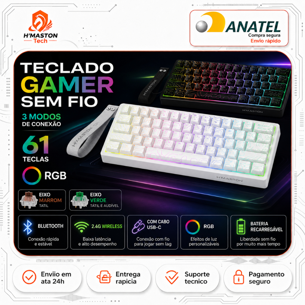 H'MASTON TK12 Teclado Mecânico 60% Teclado Mecanico Teclado Gamer Mecanico Teclado Mecânico Sem Fio Teclado Gamer