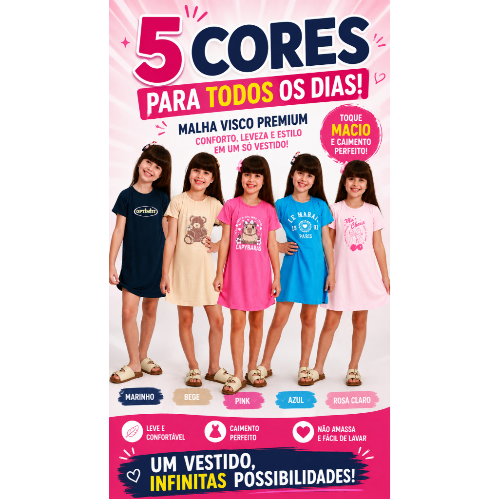 Kit 2 Vestidos Infantis Menina Estampado Manga Curta Verão ENVIO CORES E ESTAMPA SORTIDAS