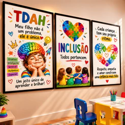 Quadro TDAH Infantil 3 Peças Inclusão Neurodiversidade Escola AEE Psicopedagogia Educação Especial