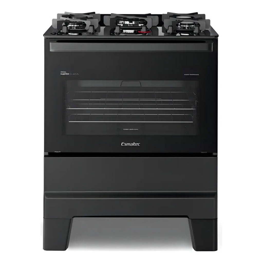 Fogão de Piso Ideal Master Glass Mesa de Vidro 5 Bocas Preto Esmaltec Forno 84L Bivolt Acendimento Automático T5vfp