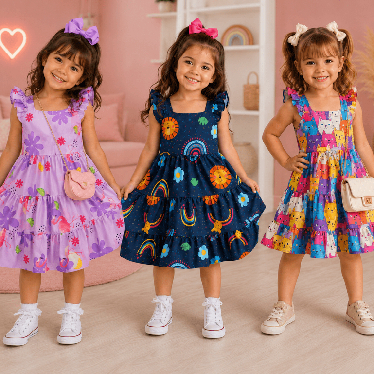 Vestido De festa Menina Estampado Bloguerinha Luxo Colorido de Festa Casual Princesa Rodado Confortável