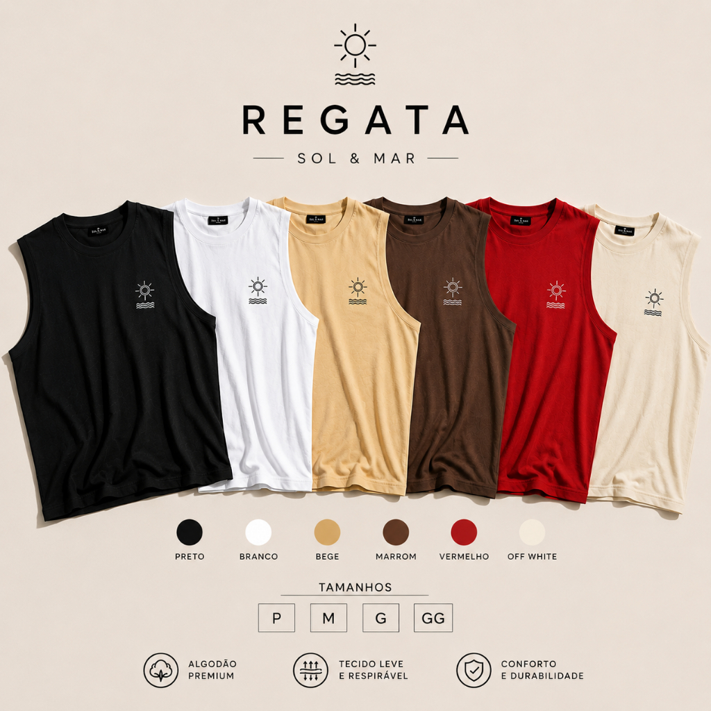 Regata Masculina 100% Algodão Cavada Praia Mar Verão Casual