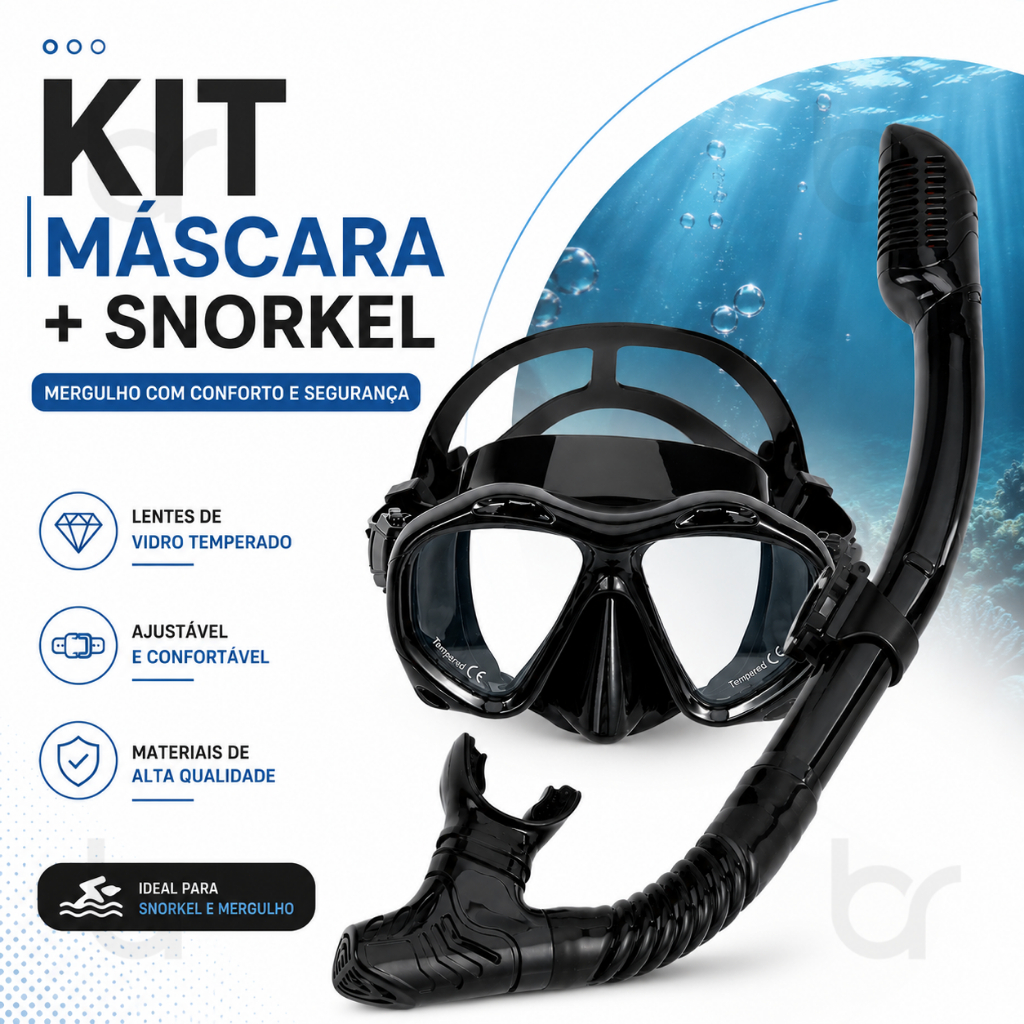 Kit Mergulho Máscara + Snorkel Adulto com Lente de Vidro Temperado