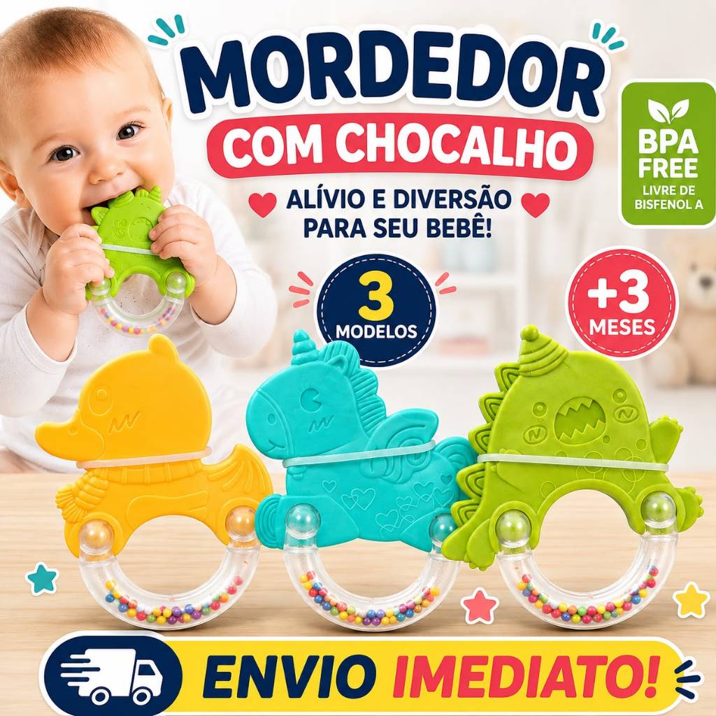 Mordedor Chocalho para Bebê Brinquedo Sensorial Dentição +3 Meses BPA Free