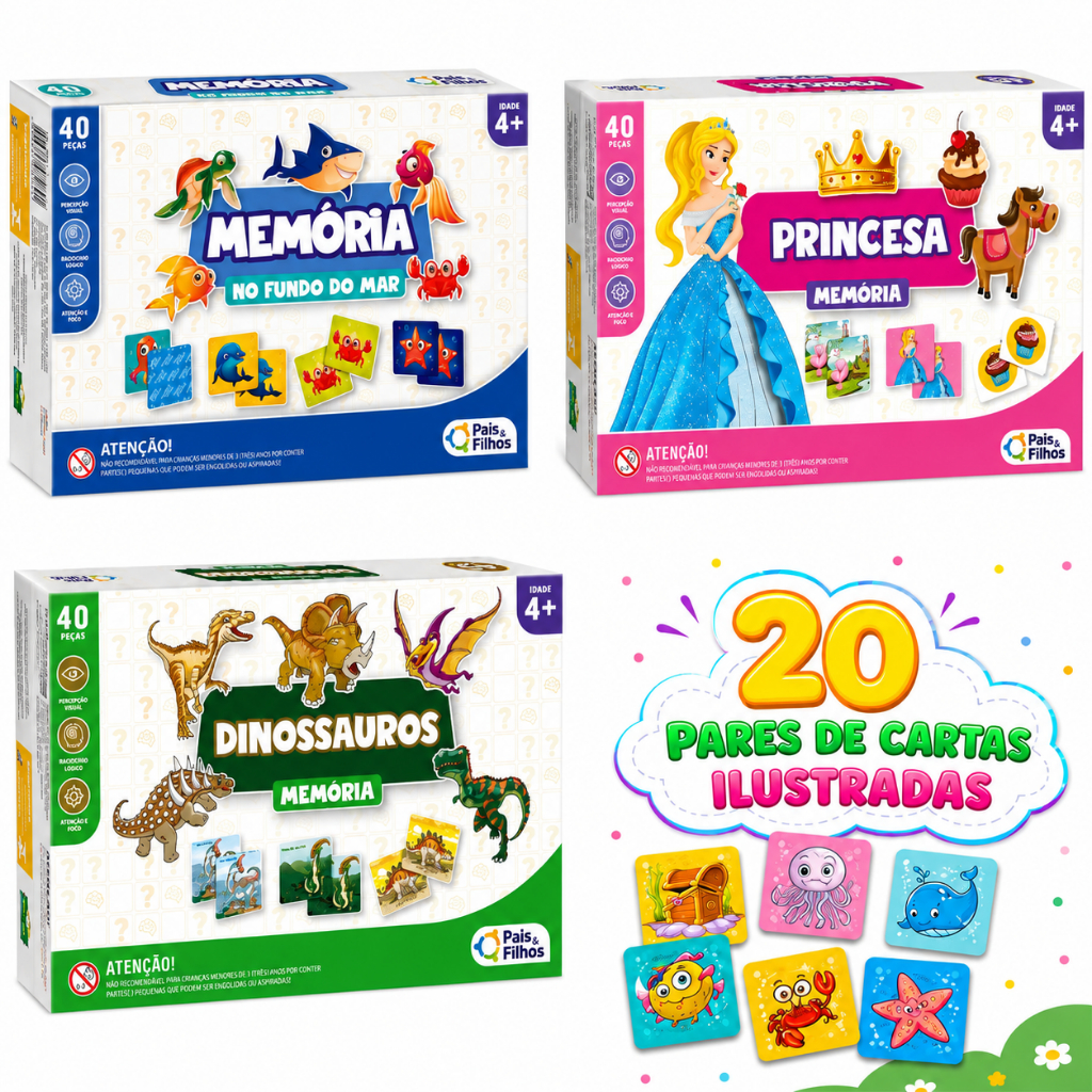 Jogo da Memória Infantil 40 Cartinhas Brinquedo Educativo Tema Dinossauros Fundo do Mar