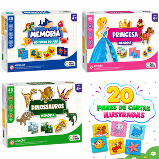 Jogo da Memória Infantil 40 Cartinhas Brinquedo Educativo Tema Dinossauros Fundo do Mar