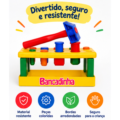 Bancadinha Educativa Para Bebê Com Martelo E Pinos Para Estimular Coordenação Motora E Raciocínio