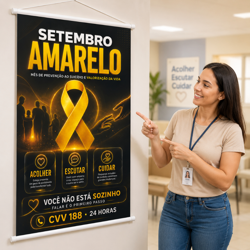Banner Setembro Amarelo moderno informativo elegante 1m x 63cm