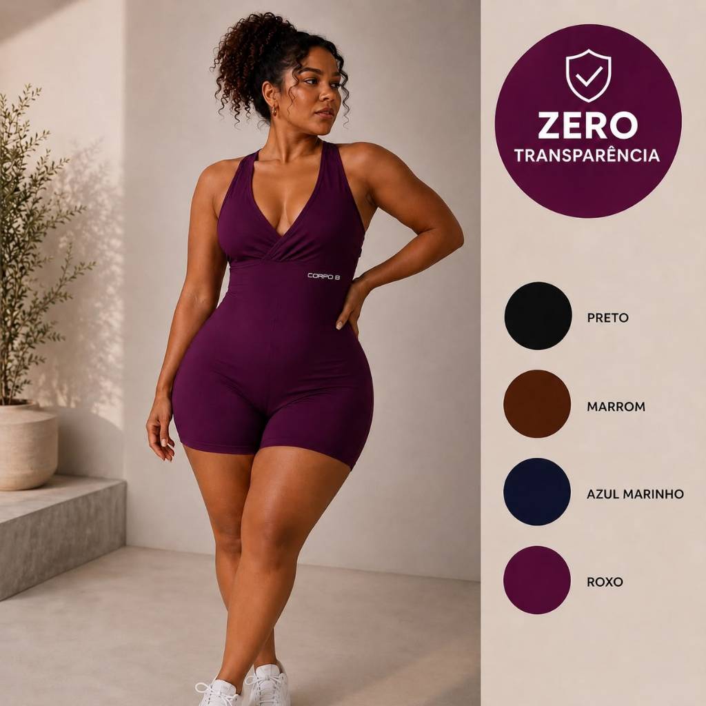 Macaquinho Macacão Fitness de academia feminino curto plus size e slim zero transparência com bojo removível que modela