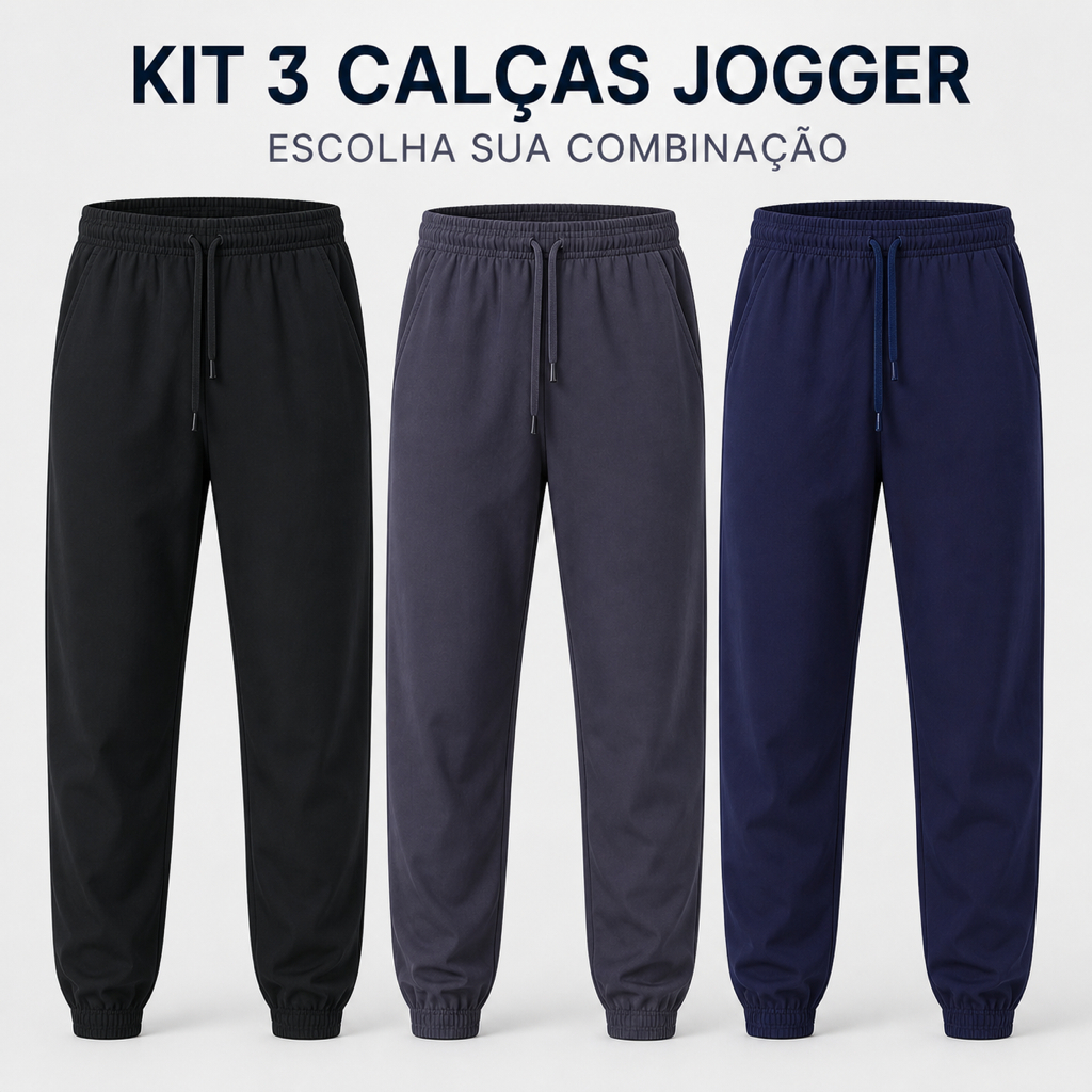 Kit 3 Calças Jogger Masculinas Tactel com Elastano Academia Treino Esportiva Slim Fit