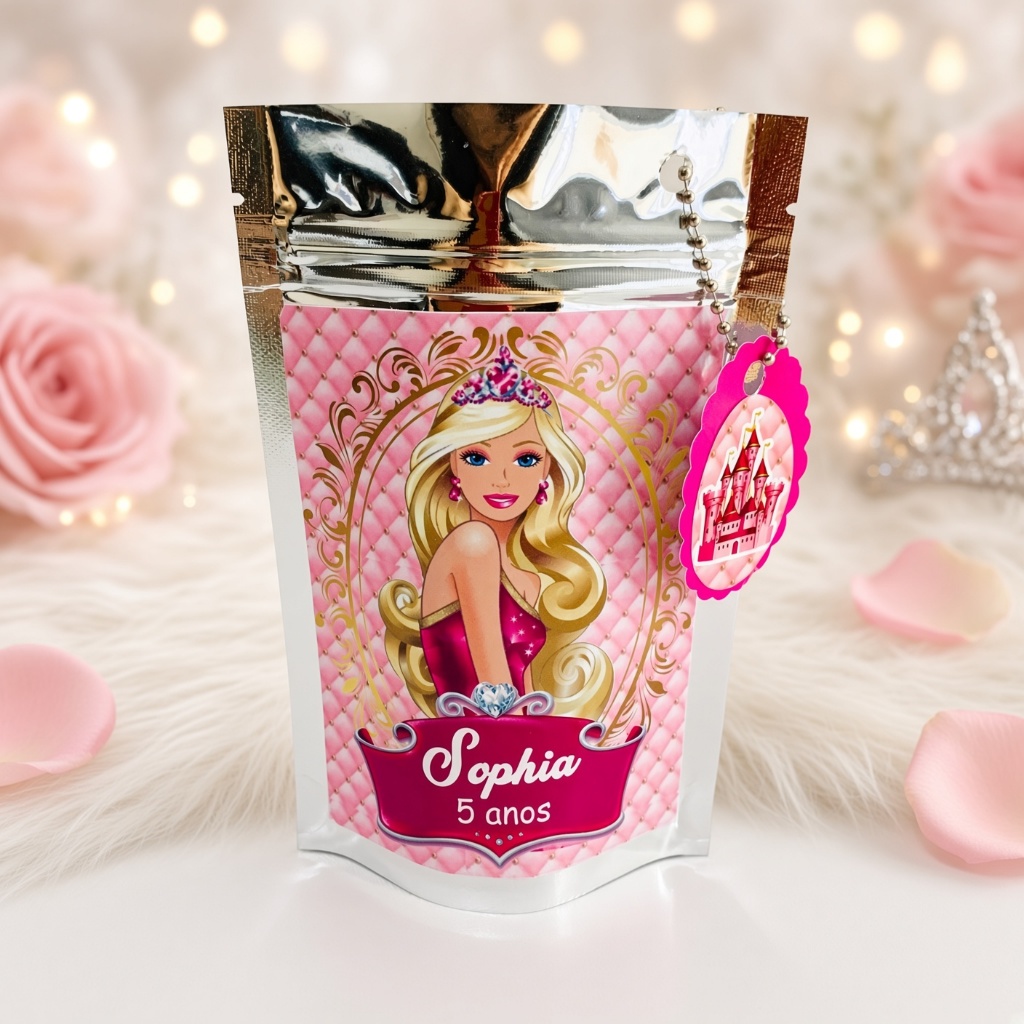 Saquinho Zip Lock Metalizado Personalizado BARBIE PRINCESA Lembrancinha Infantil Festa Tema BARBIE PRINCESA Tamanho P