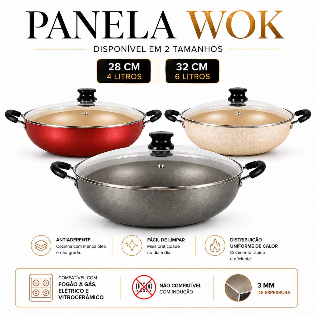 Imagem Frigideira Panela Wok Antiaderente Caçarola Profissional N°28/32 Tampa Vidro Alumbella