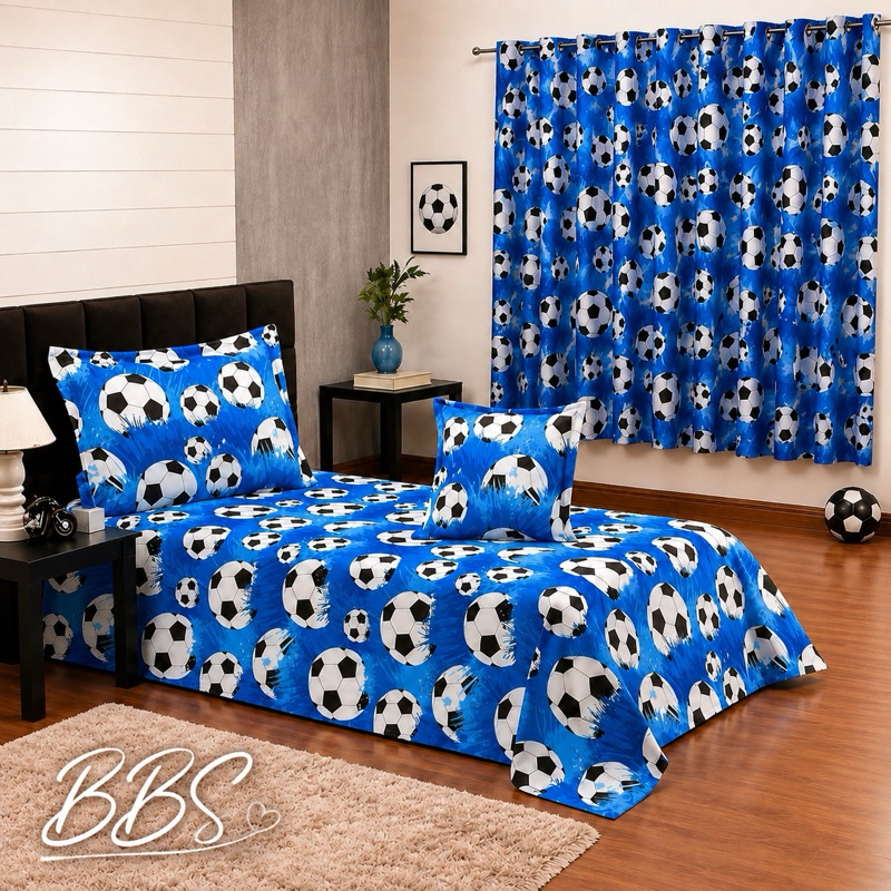 Cobre Leito Solteiro + Porta Travesseiro Estampado - Decoração Quarto Futebol Azul