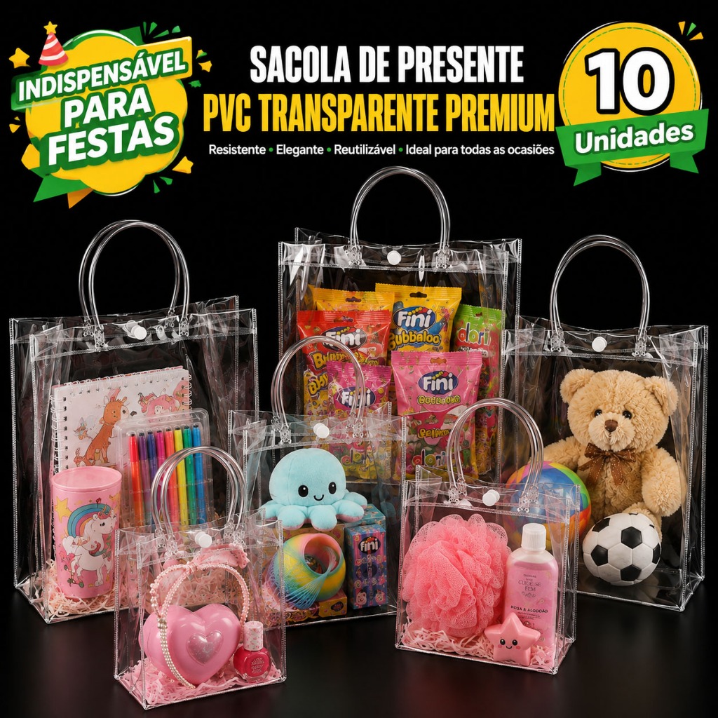 10 20 30 Unidades Sacola de Presente PVC Transparente com Alça para Festas Aniversário Lembrancinhas Batizado Natal