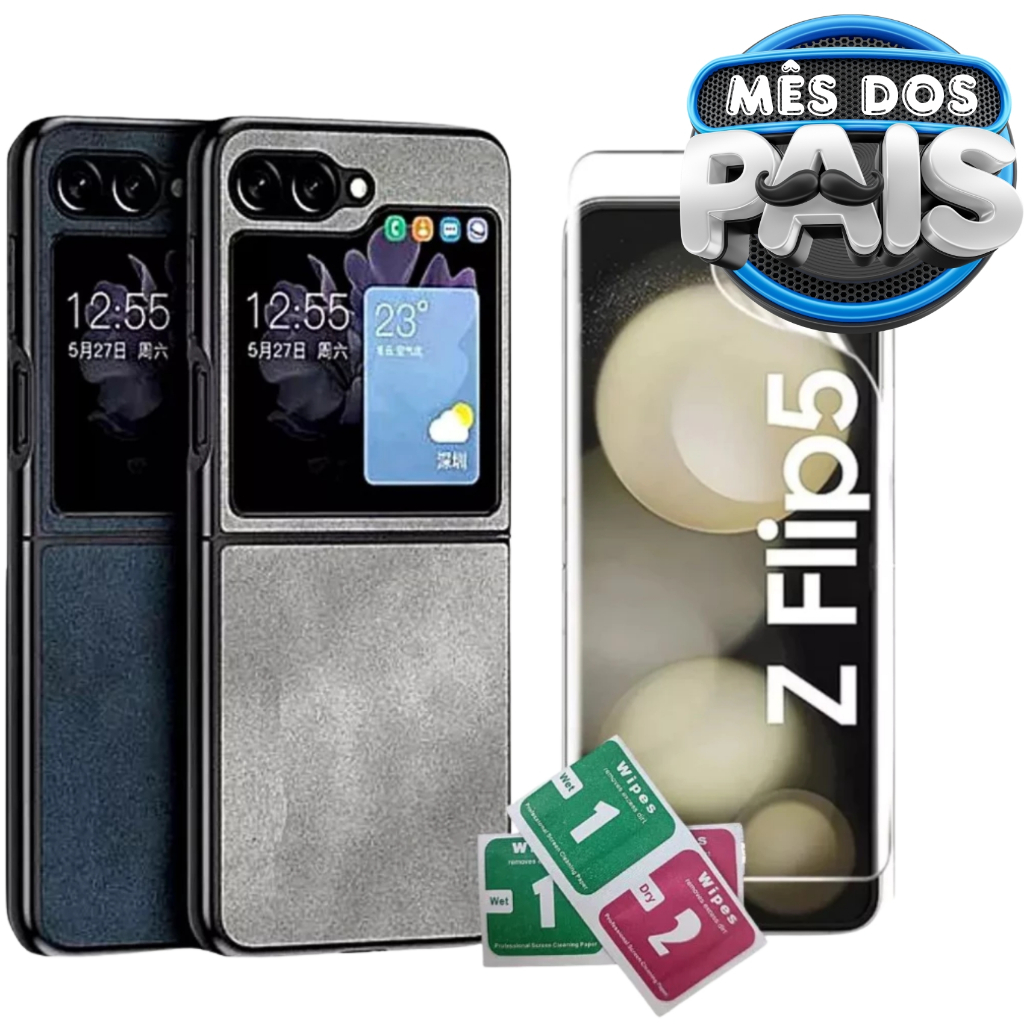 Capinha Capa Case Para Samsung Galaxy Z Flip 5 Couro Premiun + Película de Tela 