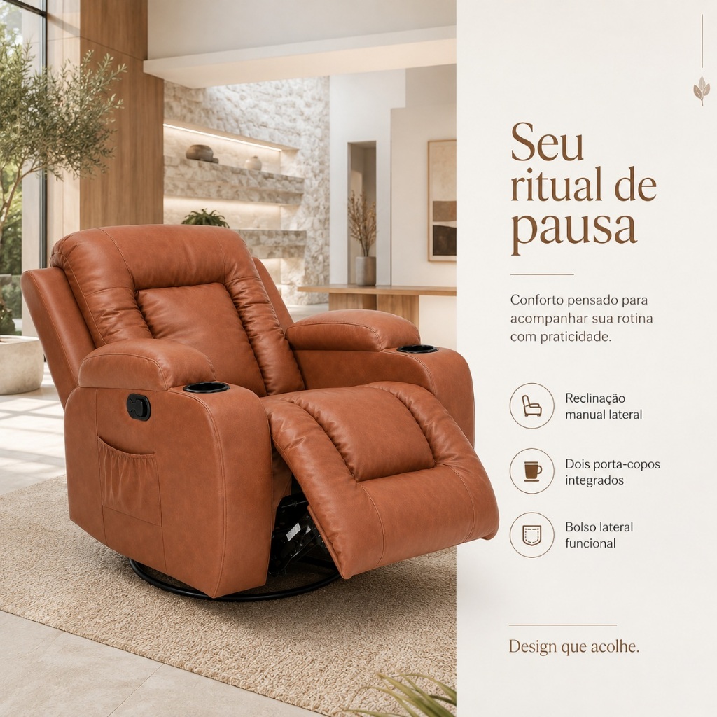 Poltrona do papai Confortável Poltronas de Sala Giratória Poltrona Reclinável Austin Manual Massagem PU Caramelo G94