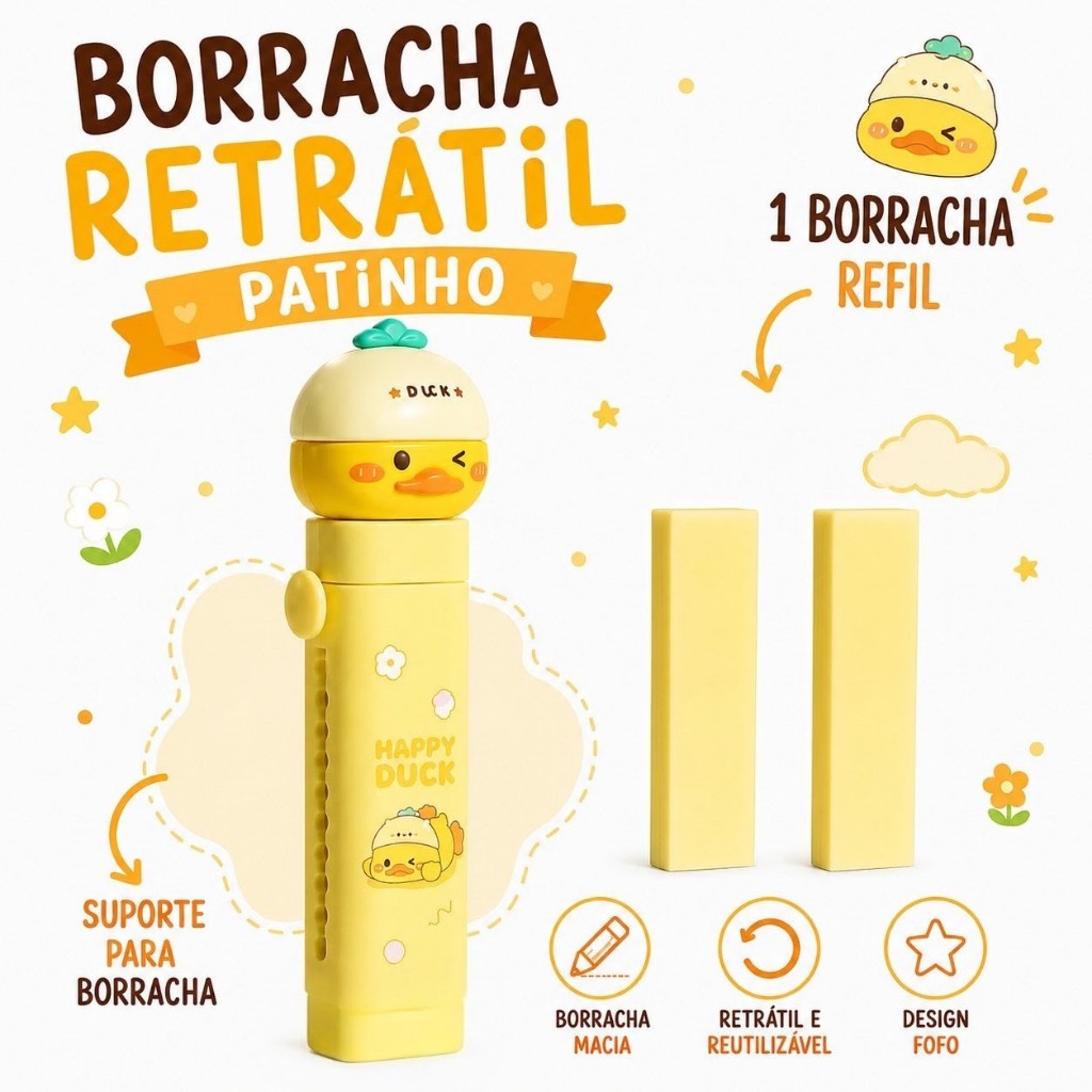 Suporte Retrátil com 2 Borrachas Macias Recarregável Apagável para Lápis Escolha Tema Preferido