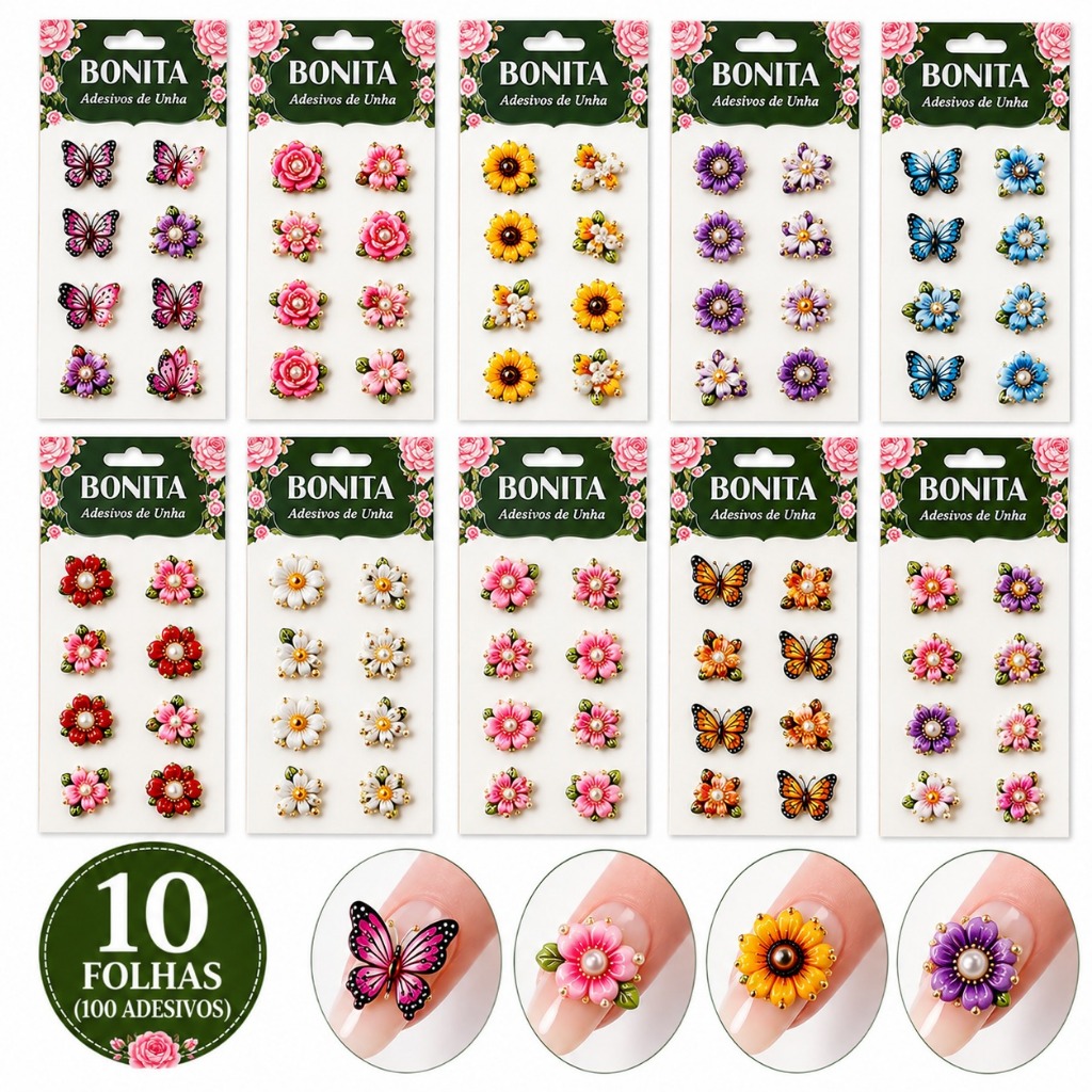 Adesivos de Unha 3D Nail Art com Flores Borboletas e Pedrarias Modelos Sortidos