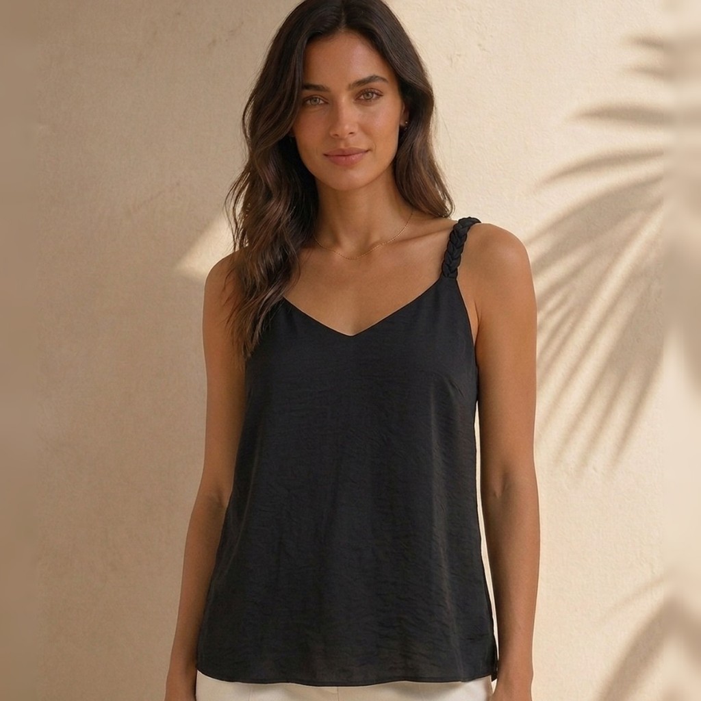 Blusa Feminina Tecido Duna Regata Alça Trançada Decote V Blusinha Regata Feminina Soltinha Elegante Roupa Casual Verão