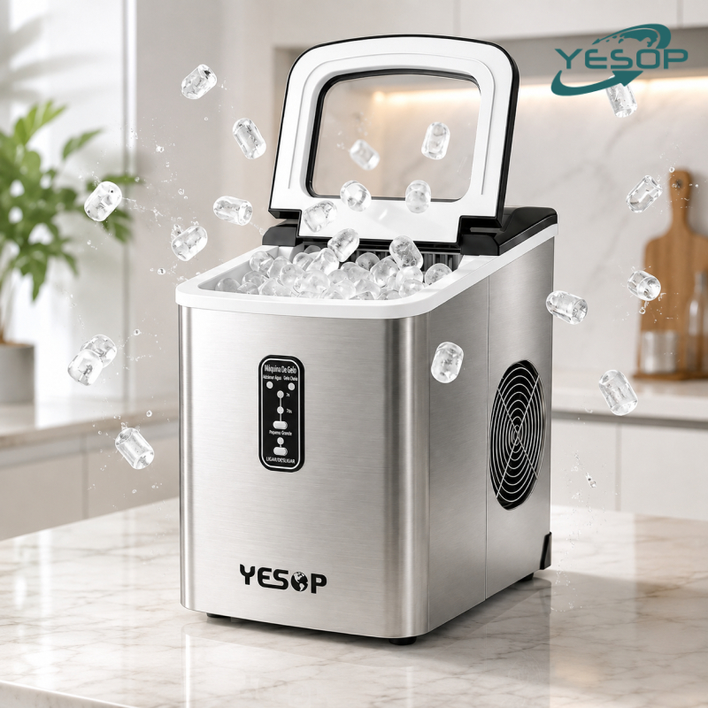 YESOP Máquina De Gelo Portátil Inox 12kg/24h 127V Silenciosa Com 2 Tamanhos E Fu