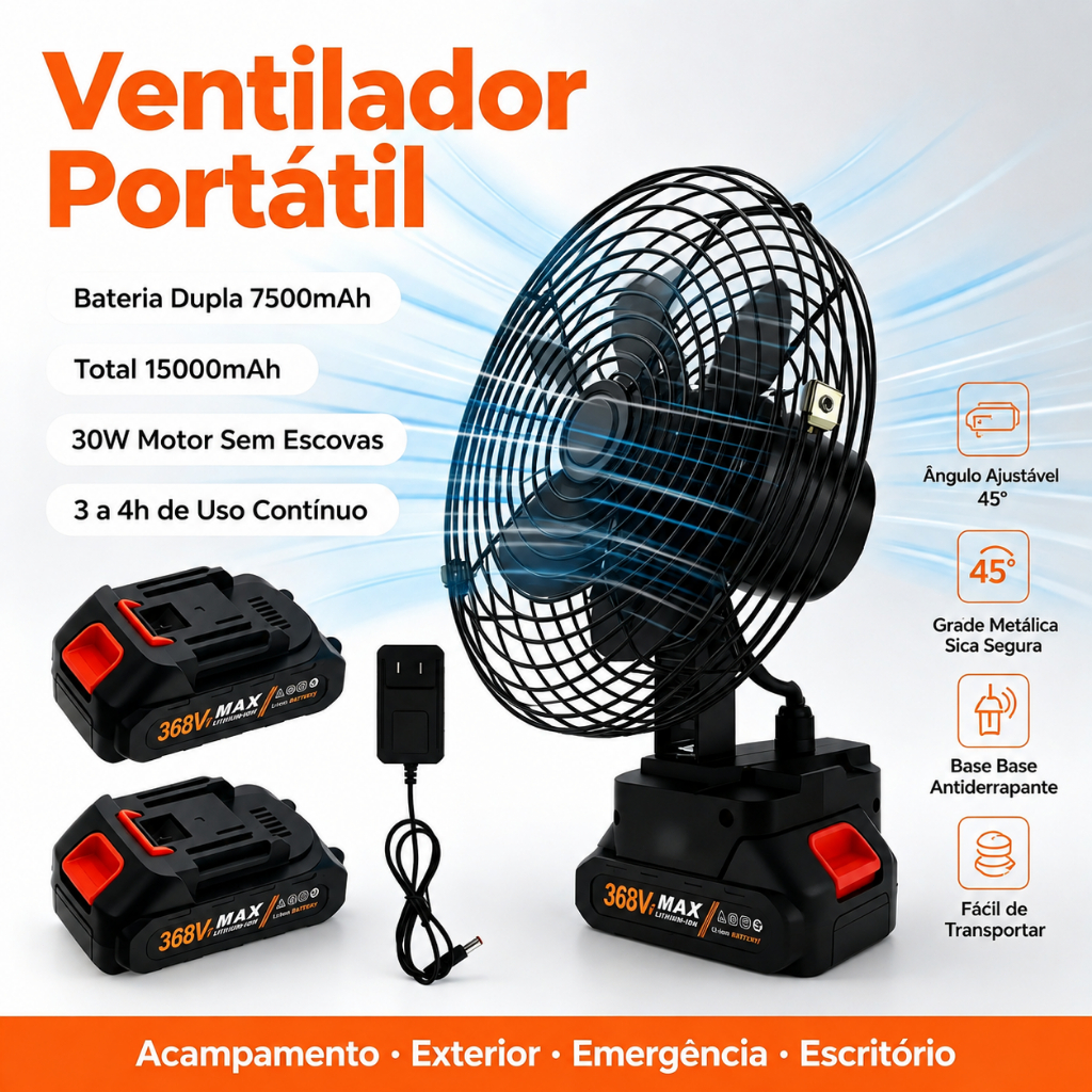 Ventilador Portátil 15000mAh Bateria Dupla 30W Potência, 45° Ajuste Carregamento