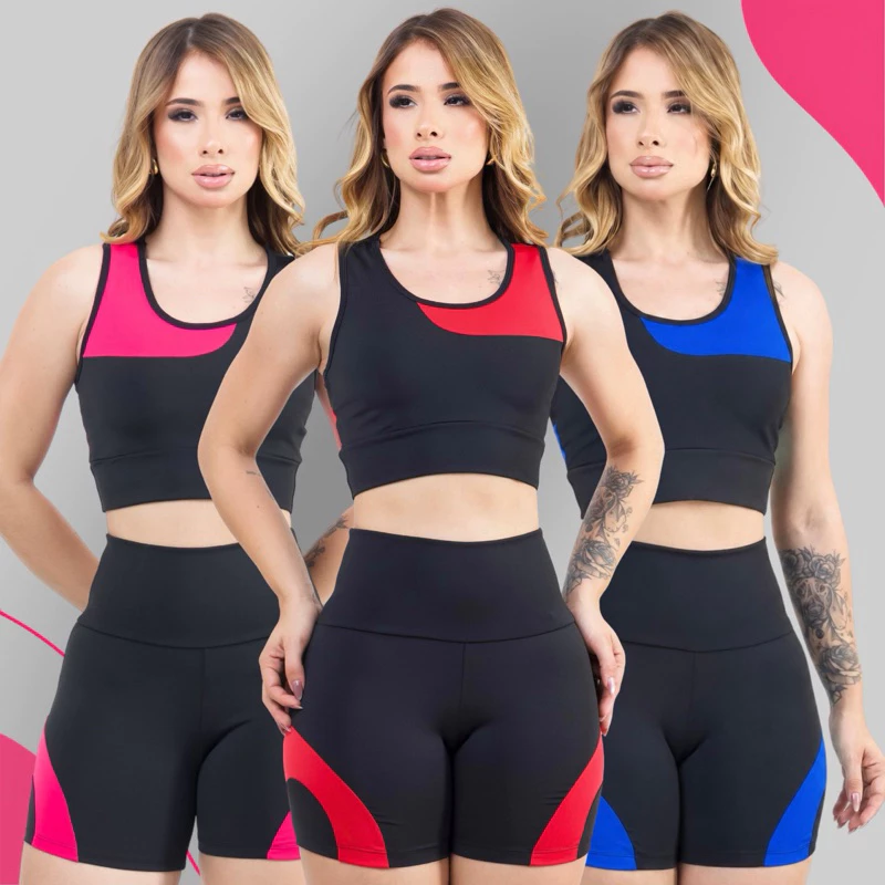 Conjunto de Academia Feminino Top Nadador e Short Alta Compressão Cintura Modeladora — imagem 1