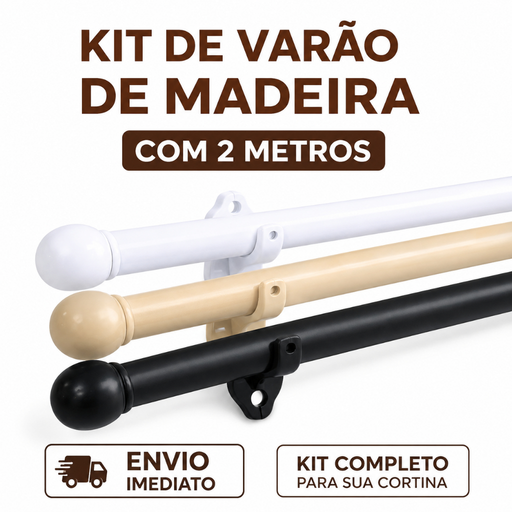 Varão De Madeira para Cortina 2,00m Kit Completo com Suporte e Ponteira Quarto , Sala, Cozinha