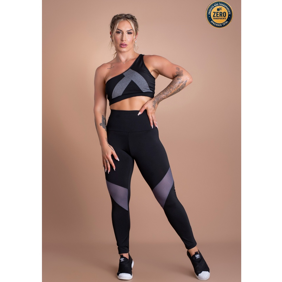 Conjunto Fitness Feminino Calça Legging Cintura Alta Detalhe Tela E Top Cropped Ombro Só Academia ZERO TRANSPARÊNCIA