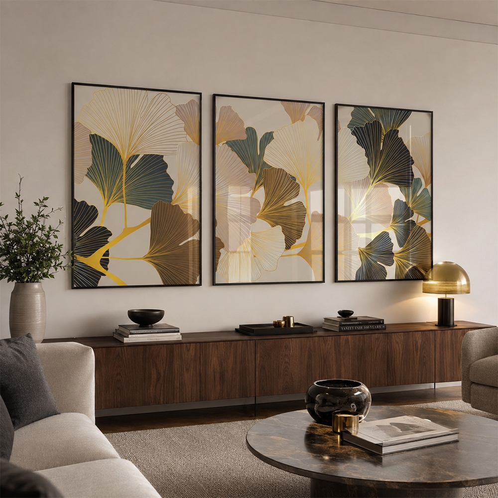 Quadro Decorativo Folhas Vibrantes em Três Atos Abstratos Para Sala Quarto Escri