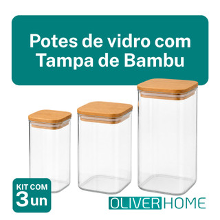 Kit 3 Potes Hermético 700/1100/1500ml De Mantimentos Quadrado Com Tampa Bambu