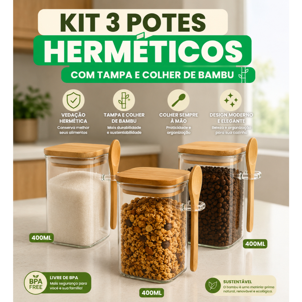 Kit 3 Potes Vidro Herméticos Colher Tampa Bambu 400ml