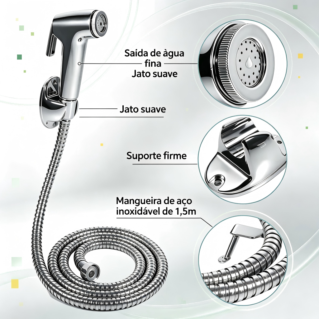 Kit Ducha Higiênica Aço Inoxidável Cromado Esguicho Pistola com Mangueira de Aço 1,5m e Suporte Banheiro