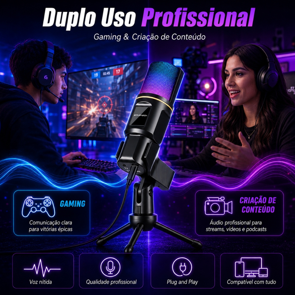 Microfone RGB Jogos para Streaming, Gravação,Podcast, Compatível PC, Notebook, PS5 e Celular com Tripé