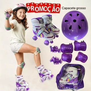 Patins Infantil Quad 4 Rodas LED Ajustável, Kit Proteção Menino Menina Iniciante