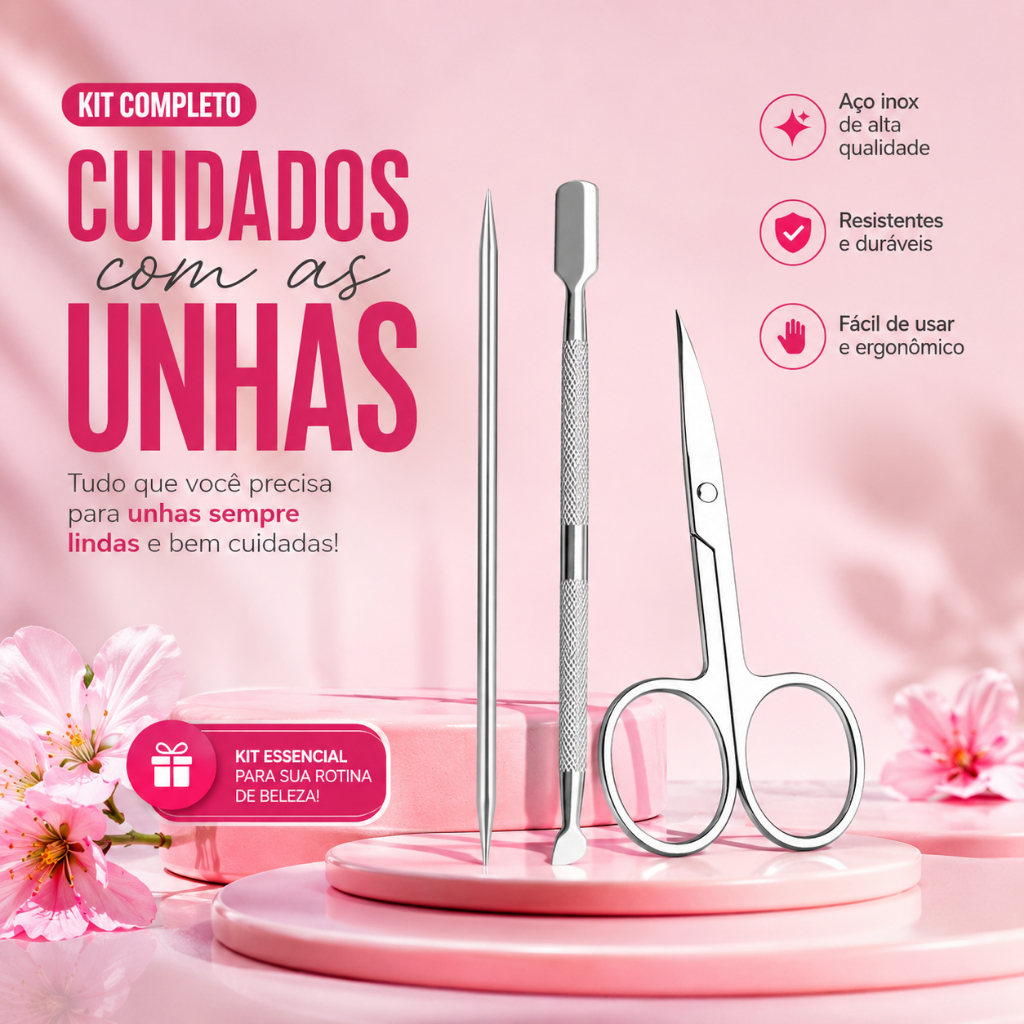 Kit Cuidado Unhas Profissional Inox 3 Peças Tesoura Curva + Extrator + Palito Diamante Cutícula
