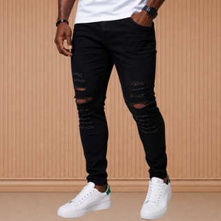 Calca Jeans Destroyed Rasgada Slim Preta Barra Feita com Lycra Calças Estilosas Moda 2026