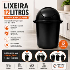 Lixeira Plástica 12 Litros Preta com Tampa Basculante Resistente para Banheiro Cozinha