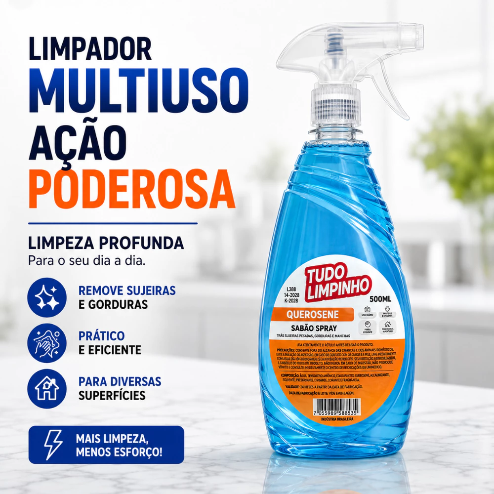 Spray Sabão de Querosene Multiuso Desengordurante Limpeza Pesada Remove Gordura Tudo Limpinho 500ml