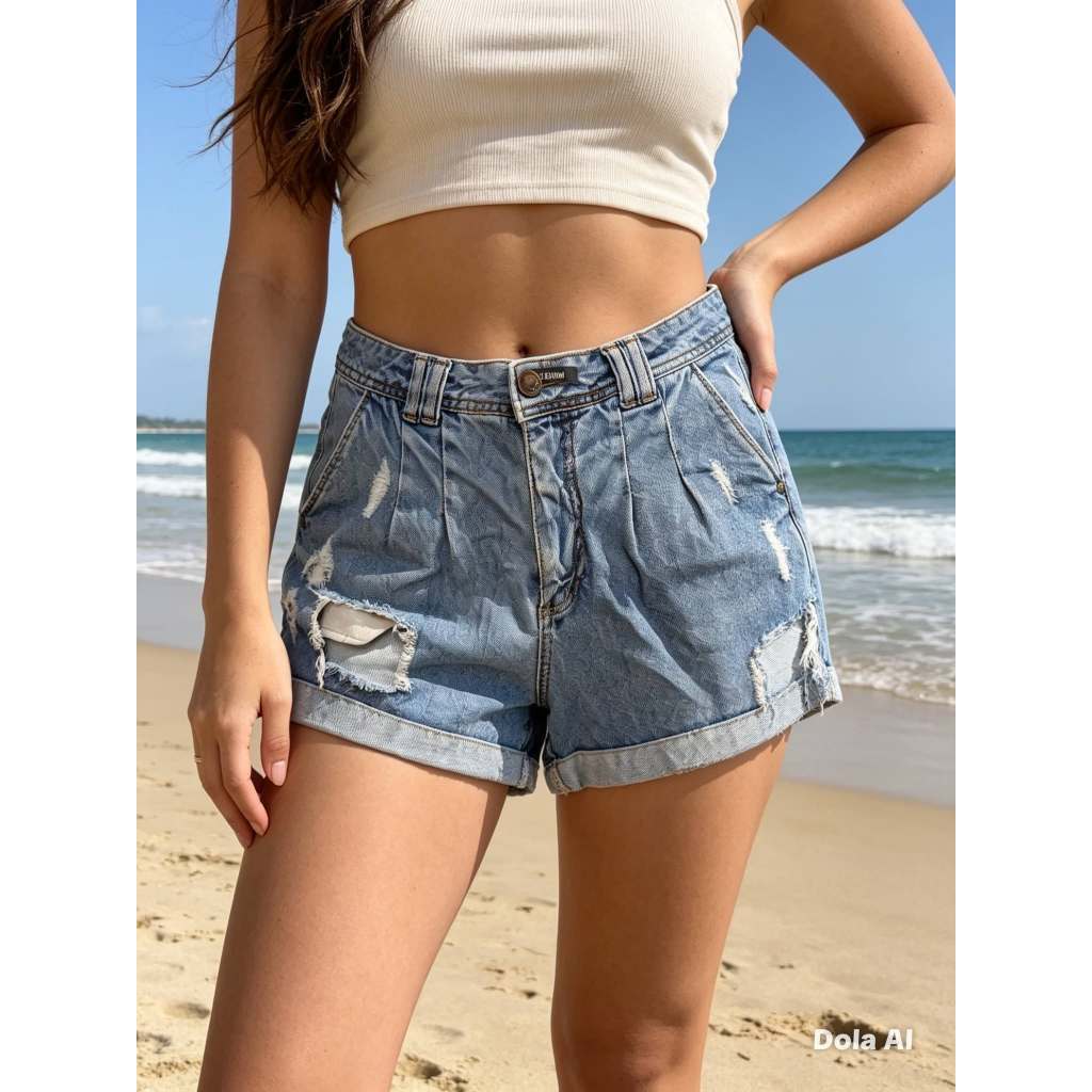 Shorts Adulto Feminino, Modelo Cintura Alta, Jeans Destroyed, Tam: 38, Marca: Bauerbauer