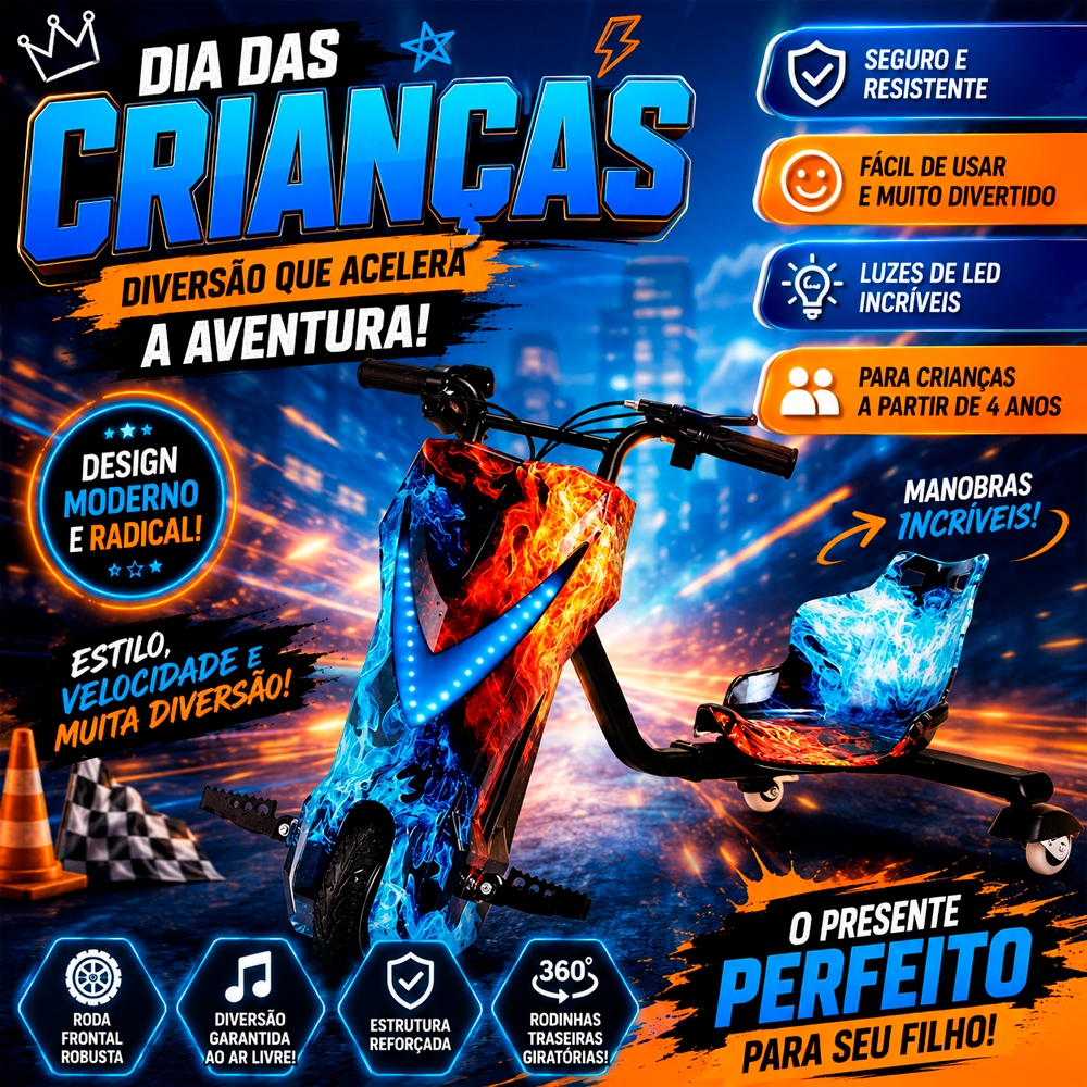 Triciclo Elétrico Drift Motorizado 250W350w Adulto/Infantil 6" 8" Polegadas 3 Velocidades Bluetooth Led