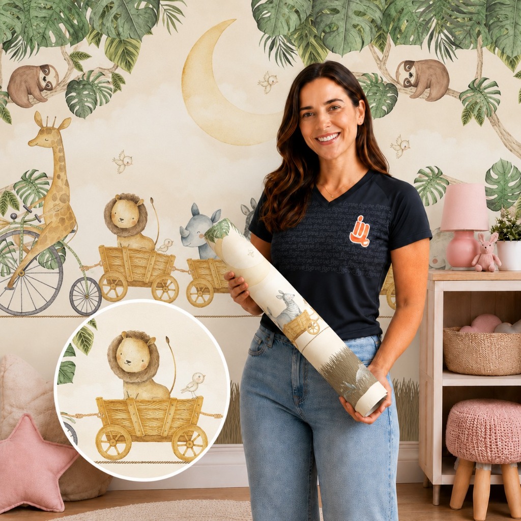 Papel de Parede Autocolante Personalizado Safári Girafa Ciclista Decoração Quarto Infantil
