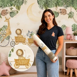Papel de Parede Autocolante Personalizado Safári Girafa Ciclista Decoração Quarto Infantil