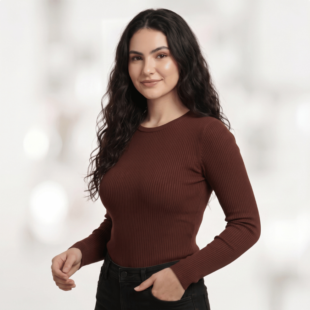 Blusa Feminina Ribana Canelada Manga Longa Básica Casual Gola Redonda Confortável
