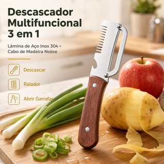 2 Peças Descascador de Legumes Multifuncional em Aço Inox com Cabo de Madeira e Abridor de Garrafas