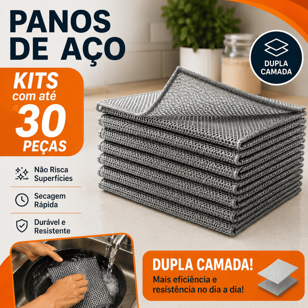 Imagem Kit 30 Panos de Limpeza de Aço Premium Dupla Camada Lava Louça Panela Fogão Tira Gordura Cozinha
