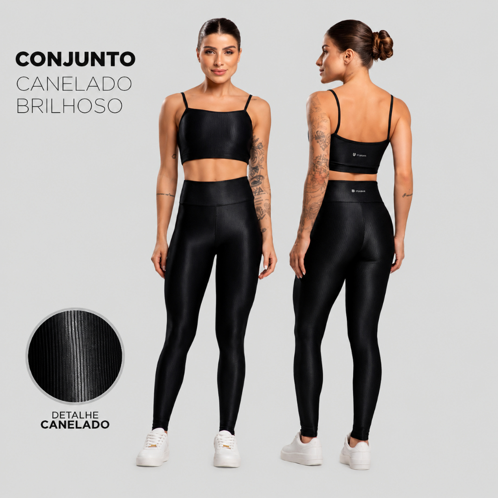 Conjunto Academia Feminino Trilobal CaneladoTop Alcinha+Legging Fitness Cós Alto Modelador Brilhoso Academia