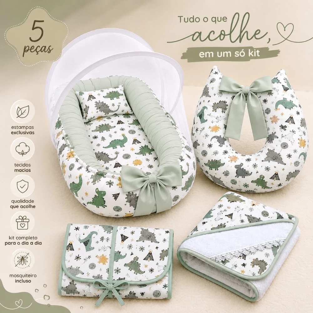 Kit Enxoval Bebê 5 Peças – Ninho Redutor, Almofada Amamentar, Toalha Forrada, Trocador Portátil e Mosquiteiro