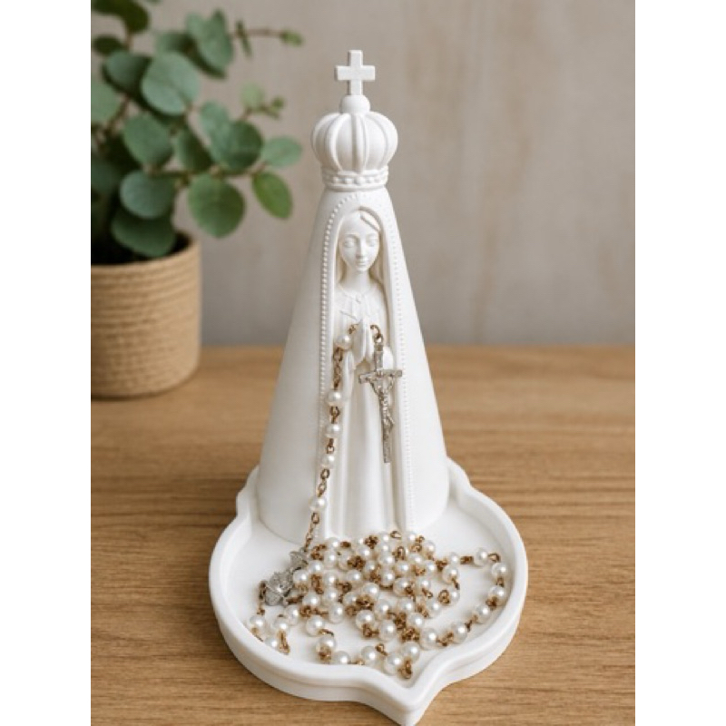 Porta Terço Nossa Senhora de Fátima com Bandeja Prato Imagem Religiosa Católica Branca Decorativa Cantinho da Oração