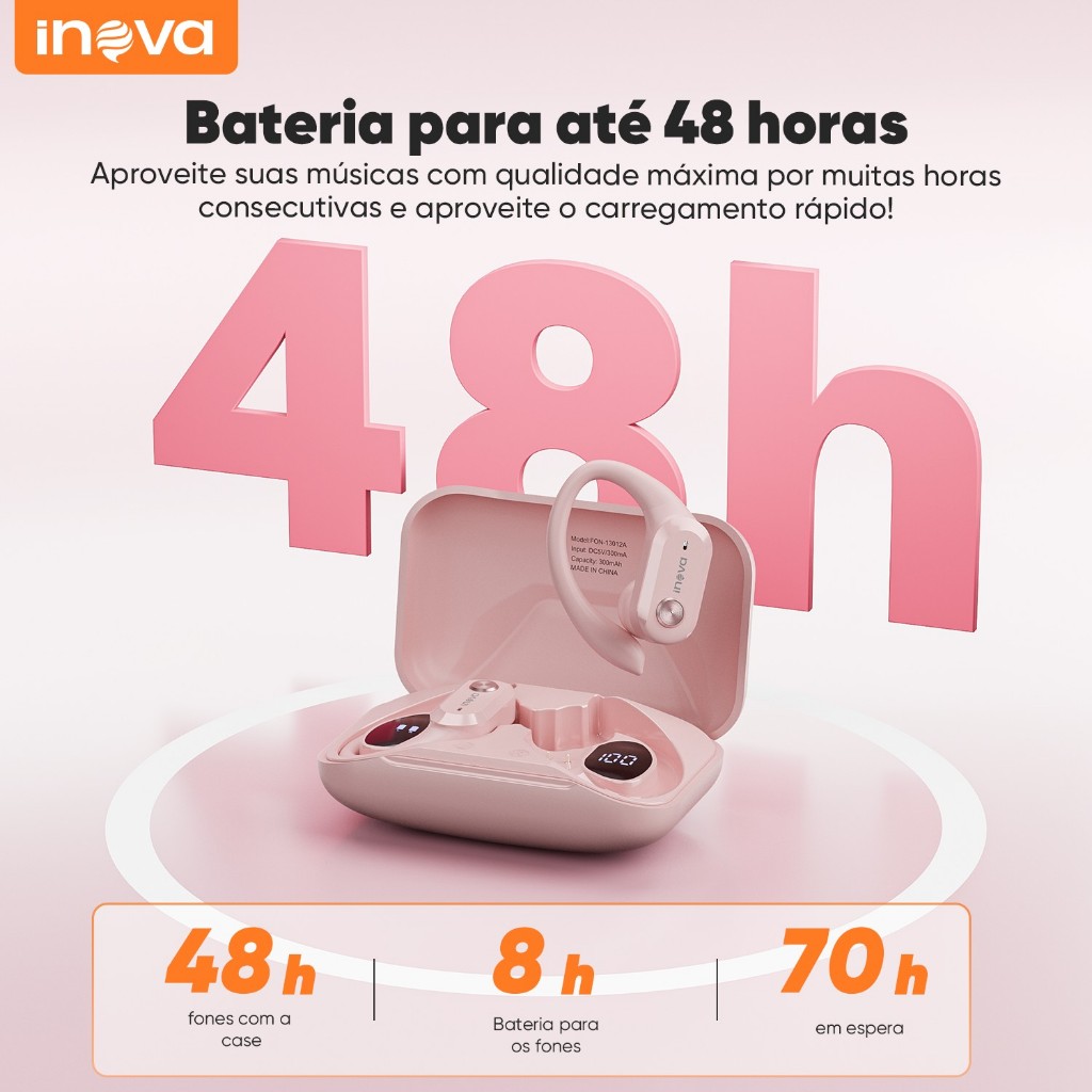 Fone de Ouvido Inova Rosa Feminino - Bluetooth 5.4, Bateria 48h, Case com Display LED, IPX5 e Microfone Esportivo Brinde · foto 2