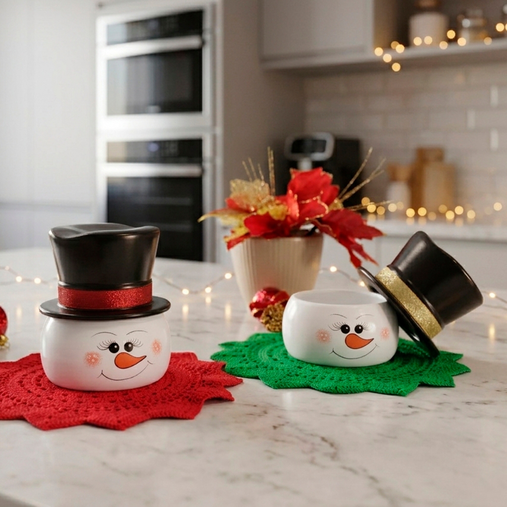 Porta-Doces Boneco de Neve Cerâmica com Tampa Enfeite Natal Decorar Lar Mesa Decoração Casa Moderno Decorativo Bombonier